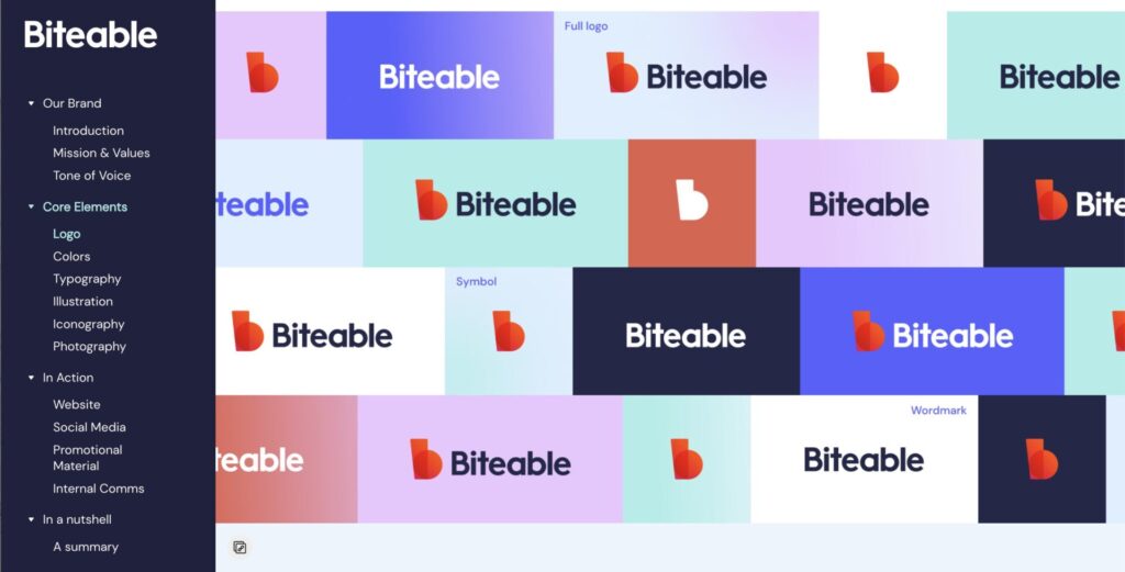 Multiple screens displaying variations of the Biteable logo and color schemes as part of a brand guideline presentation.